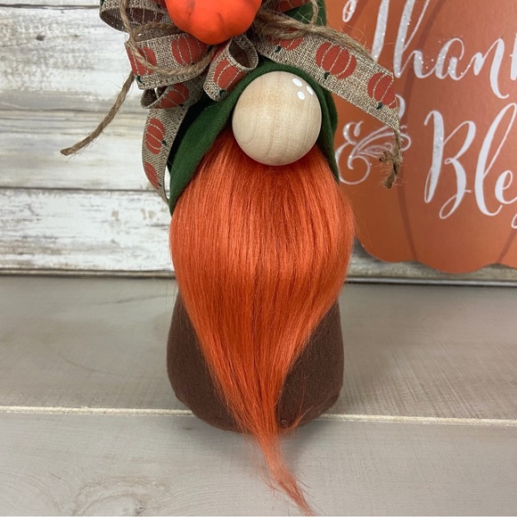 Gnome Fall Autumn Pumpkin Ribbon Green Brown Flannel Shelf Sitter Home Decor - Picture 4 of 10
